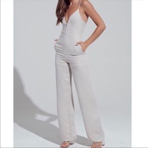 Button Down Silver Deep V-Neck Jumpsuit